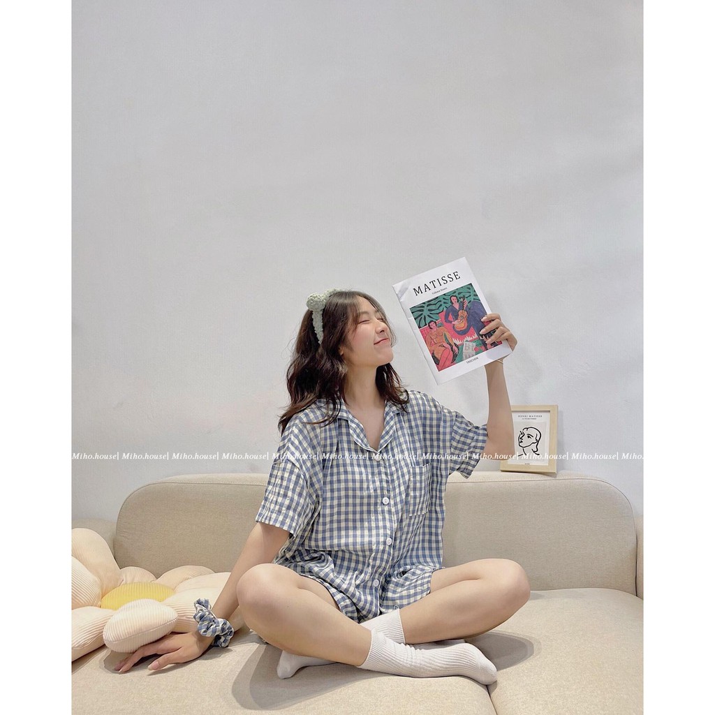 Set đồ ngủ kẻ caro, vải mềm mại, thấm hút Miho house