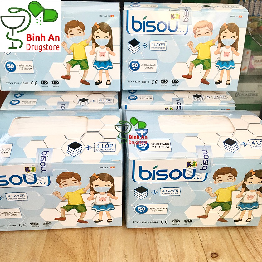 [CHÍNH HÃNG] KHẨU TRANG Y TẾ 4 LỚP KHÁNG KHUẨN BISOU TRẺ EM - Hộp 50 cái chia 5 bịch