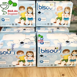 [CHÍNH HÃNG] KHẨU TRANG Y TẾ 4 LỚP KHÁNG KHUẨN BISOU TRẺ EM - Hộp 50 cái chia 5 bịch