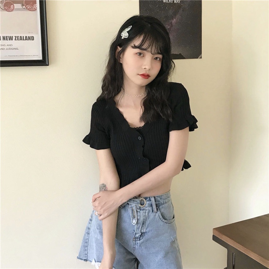 Áo Croptop phông nữ LUHAZO sexy dệt kim blackpink Ngắn Tay Cổ Chữ V Màu Trơn Phong Cách Hàn Quốc K5T3-2