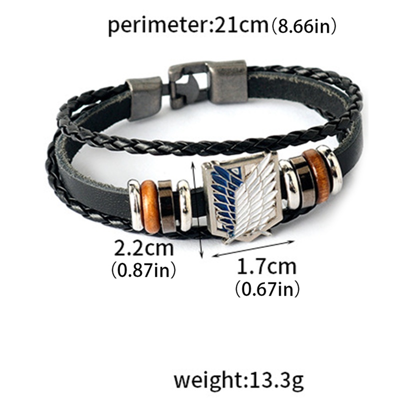 Vòng Tay Dây Da Bện Nhiều Lớp Mặt Kim Loại Khắc Hình Attack on Titan