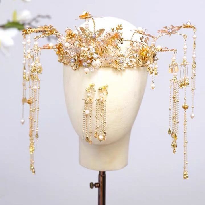 [Aishang Phụ Kiện Trang Sức Đẹp] Cài Tóc Cô Dâu Xiuhe Hình Vương Miện Phượng Hoàng Mạ Vàng Tua Rua Phong Cách Trung Hoa Cổ Điển Xiahua Wedd