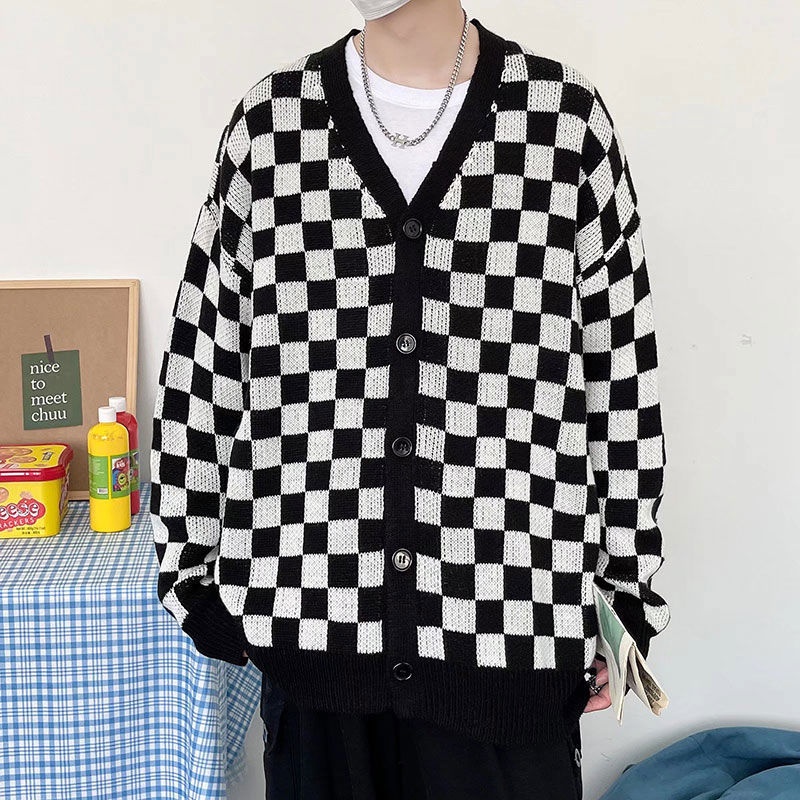 Áo CARDIGAN Cổ V Cúc Cài Dáng Rộng Suông In Hình Bàn Cờ Siêu Cá Tính ,Chất Dày DặnPhong Cách Unisex Thoitrangtim
