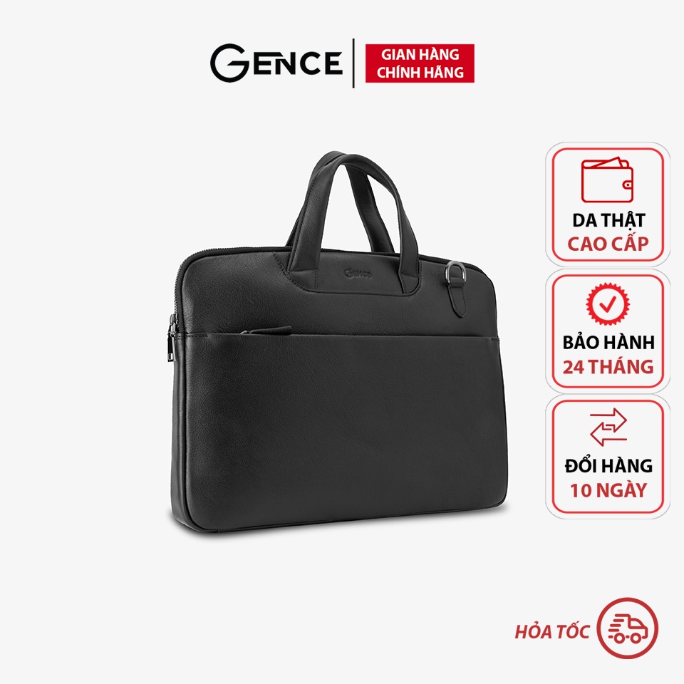 Cặp xách da nam công sở đựng laptop 14inch và tài liệu, túi xách da Gence màu đen da bò thật CDT04