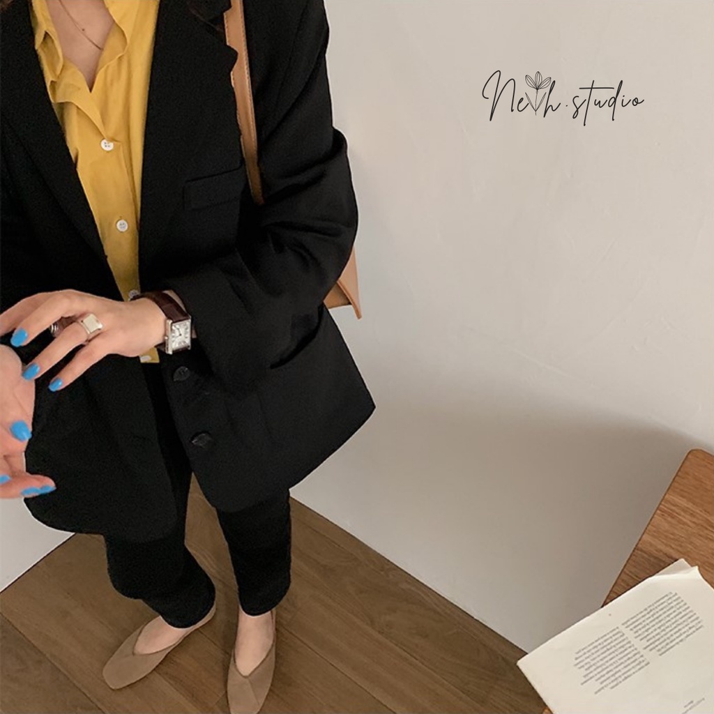 Áo khoác blazer nữ 2 lớp màu đen nâu đứng form có miếng độn vai neih.studio | BigBuy360 - bigbuy360.vn