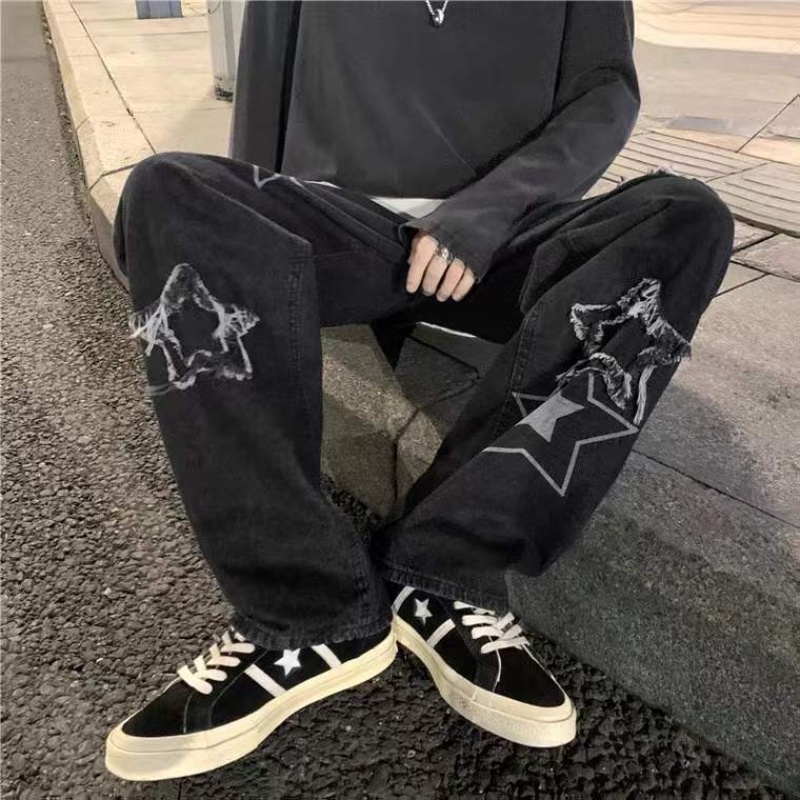 ✦ AFFLIGA ✦Quần jean ống rộng màu đen thêu hình ngôi sao năm cánh phong cách cá tính thời trang cho nam