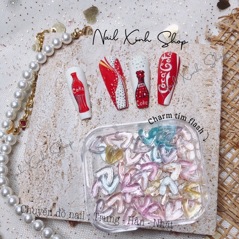 Set 10 charm tim flash mắt mèo - phụ kiện nail hot