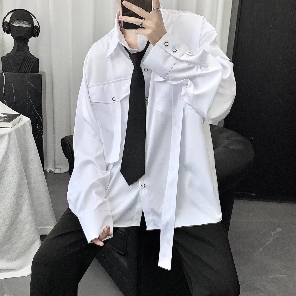 Áo Sơ Mi Tay Dài Dáng Rộng Phối Cà Vạt Thời Trang Xuân Thu Cho Nam Giới Size M-3XL