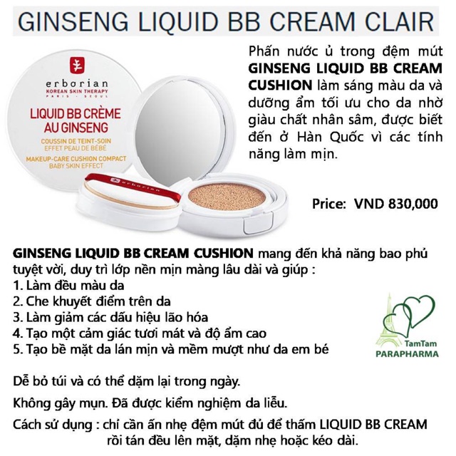 🇫🇷🇰🇷 Cushion Erborian BB Cream GINSENG LIQUID nhân sâm 14g 💞 TamTam 💞 | BigBuy360 - bigbuy360.vn