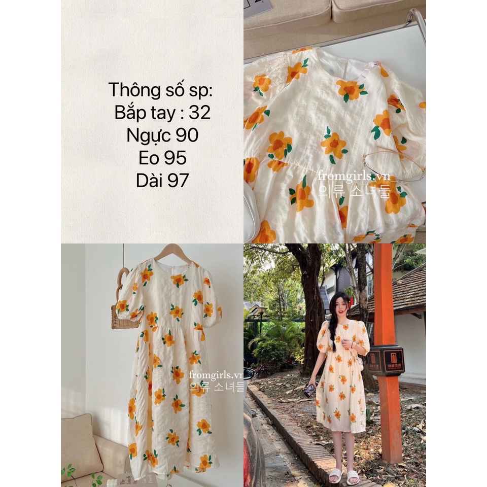 Đầm Babydoll Hoa Cam Tay Bồng Đầm Hoa Dáng Dài Siêu Xinh