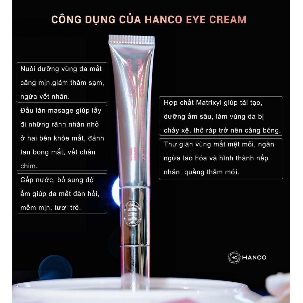 Kem mắt Hanco - Eye Cream 15ml kèm đầu rung massage Zuka Beauty xóa tan thâm quầng bọng mắt