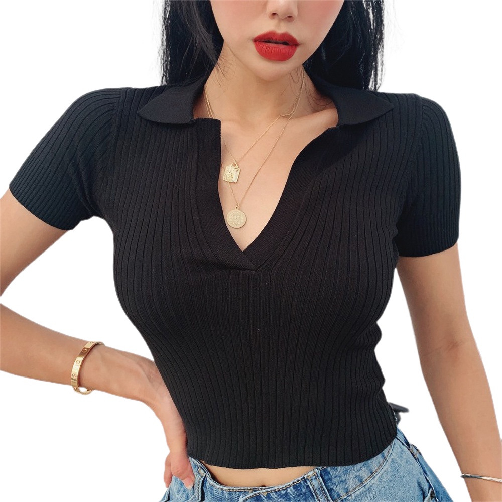 Women Solid V-neck Polo Shirt Knitted Slim Fit Short Sleeve Summer Casual