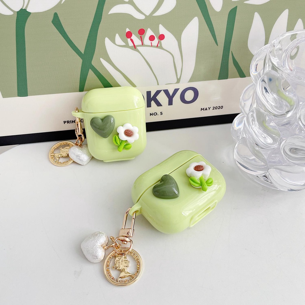 Green Love Heart  AirPods 1/2 Pro Case with Cain Shockproof Headset Protector Hard Case