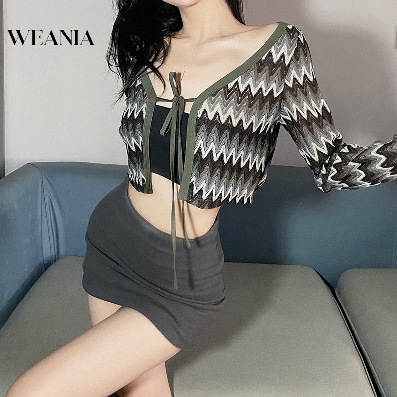 Áo Thun Dệt Kim Tay Dài Kẻ Sọc Cột Dây Thời Trang Cho Nữ