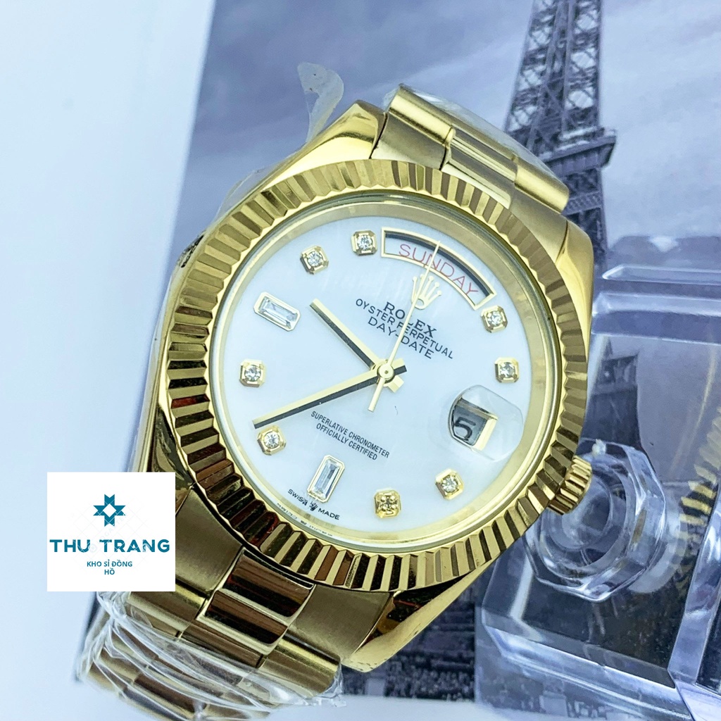 Đồng hồ nam Rolex cơ máy nhật mẫu Classic mặt KHẢM TRAI viền vàng dây thép size 40-41mm