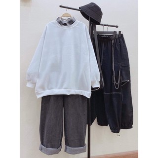 ẢNH THẬT SHOP TỰ CHỤP SET ÁO NỈ SWEATER NAM KÈM QUẦN ỐNG RỘNG JEAN ĐEN