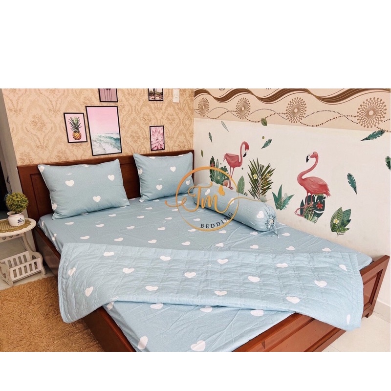 bộ drap cotton Thắng Lợi, ga giường (4 món) in logo thoáng mát mẫu TIM NHÍ XANH LAM