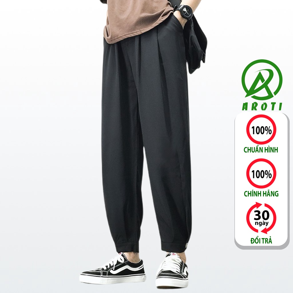 Quần Baggy Nam AROTI Ống Suông Rộng Vải Cotton Lụa Đẹp Cao Cấp,Co Giãn Dáng Âu,Cạp Chun,Màu Đen,Tiện Mặc Đi Học  QV46-D