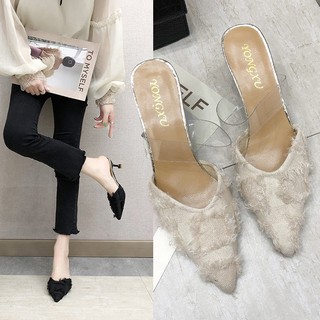 👠Giày Mũi Nhọn QB56 Tua Rua | Giày Quai Trong | Dép Cao Gót Mũi Nhọn | Dép Cao Gót Hàn Quốc 2019👠