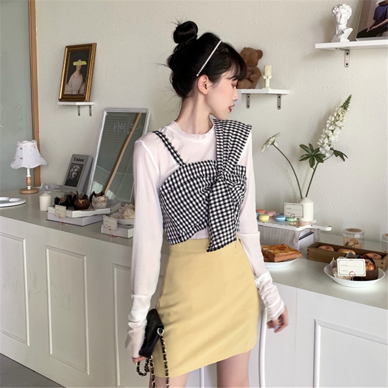 SUXI Korean Fashionable Mesh Long Sleeve Shirt + Plaid Shirt