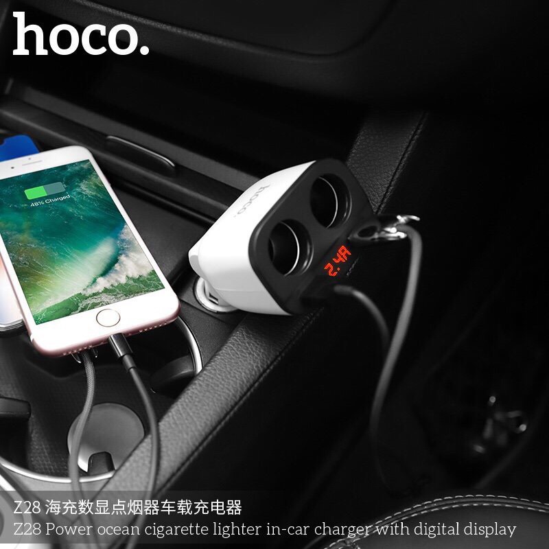 Cốc Sạc Hoco. Z28 Hai Cổng USB Có Màn Hình LED Dành Cho Điện Thoại Di Động iPhone Oppo Dùng Trong Xe Hơi