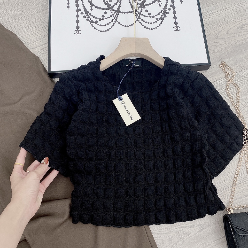 Set áo croptop xốp ô nổi mix quần suông ống rộng nâu tây BN533