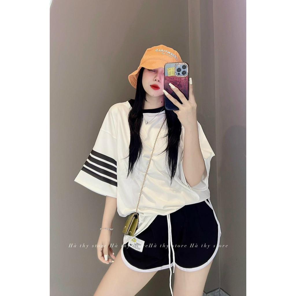 Set bộ đùi áo thun form rộng phối viền kẻ sọc bên tay mix quần đùi với ba tone màu xinh xắn, Set đồ nữ chất thun mát mẻ