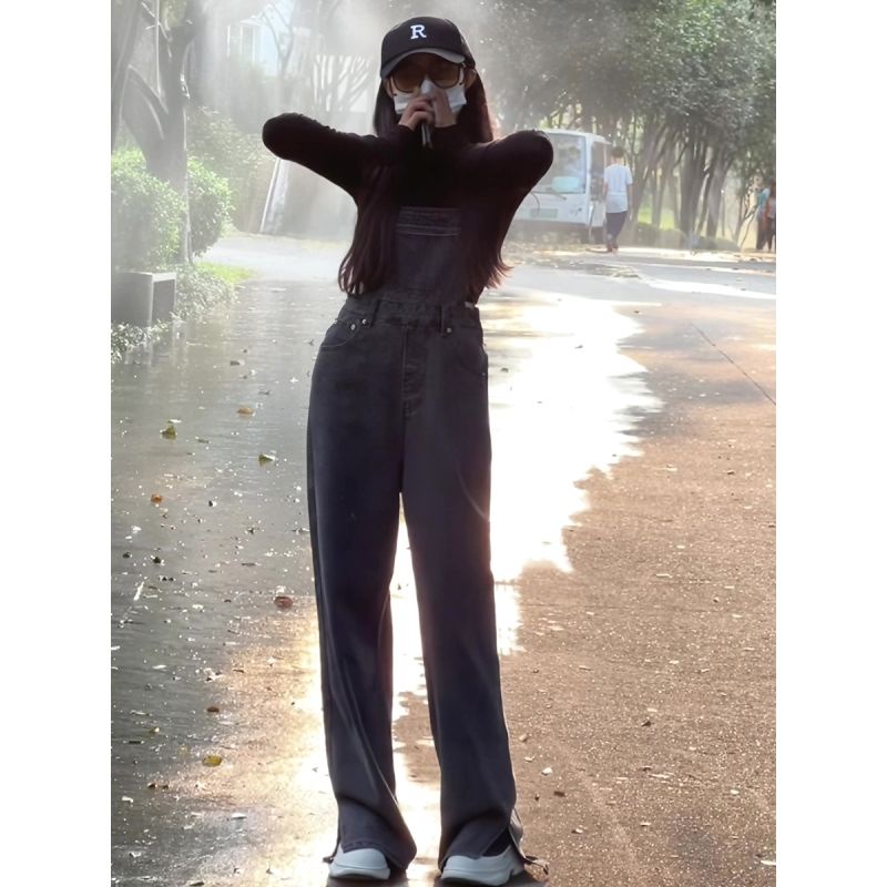 Quần Yếm Denim Dáng Rộng Xẻ Tà Lưng Cao Thời Trang Hàn Quốc Mới Cho Nữ