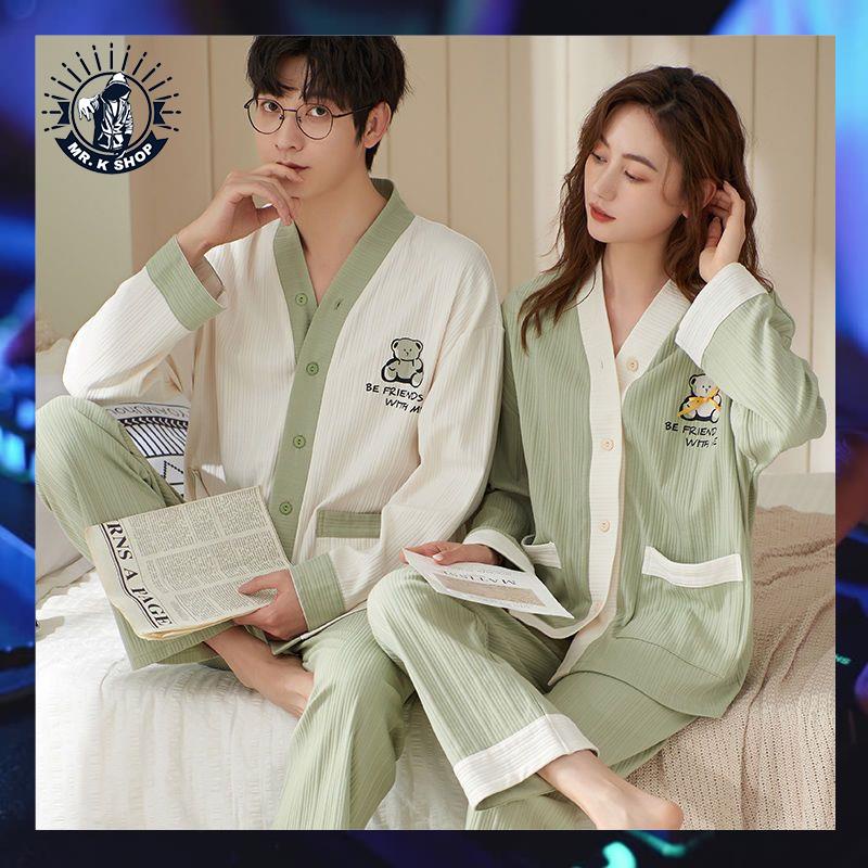 Bộ Đồ Ngủ Tay Dài Vải Cotton Kiểu Hàn Quốc Thời Trang Thu Đông Cho Các Cặp Đô