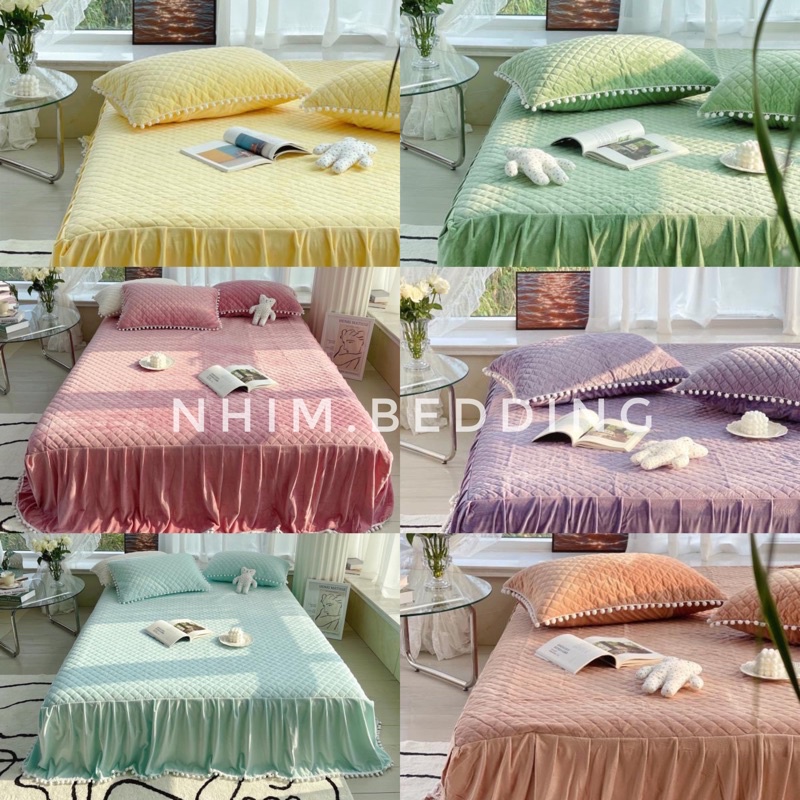 Set ga gối bèo nỉ nhung tone pastel cực xinh ( set 3 món)
