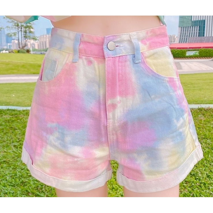 Jiashucheng Quần Short Denim Màu Hồng Gradient Chéo Eo Cao Thời Trang Mùa Hè Mới Cho Nữ