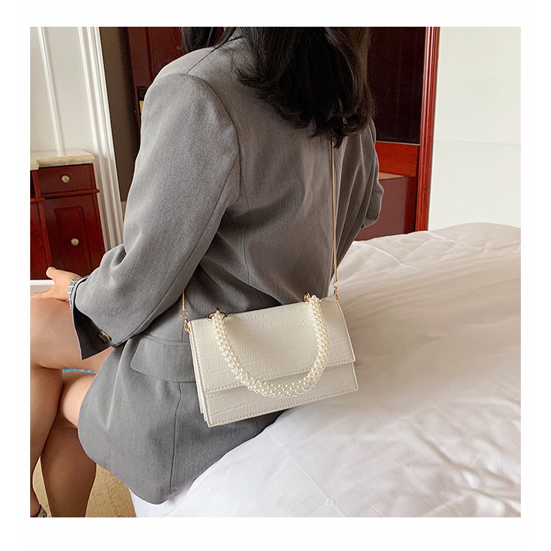 Túi xách đeo vai JASMIN NOIR bằng da Pu với tay cầm phối ngọc trai thời trang sang trọng cho nữ