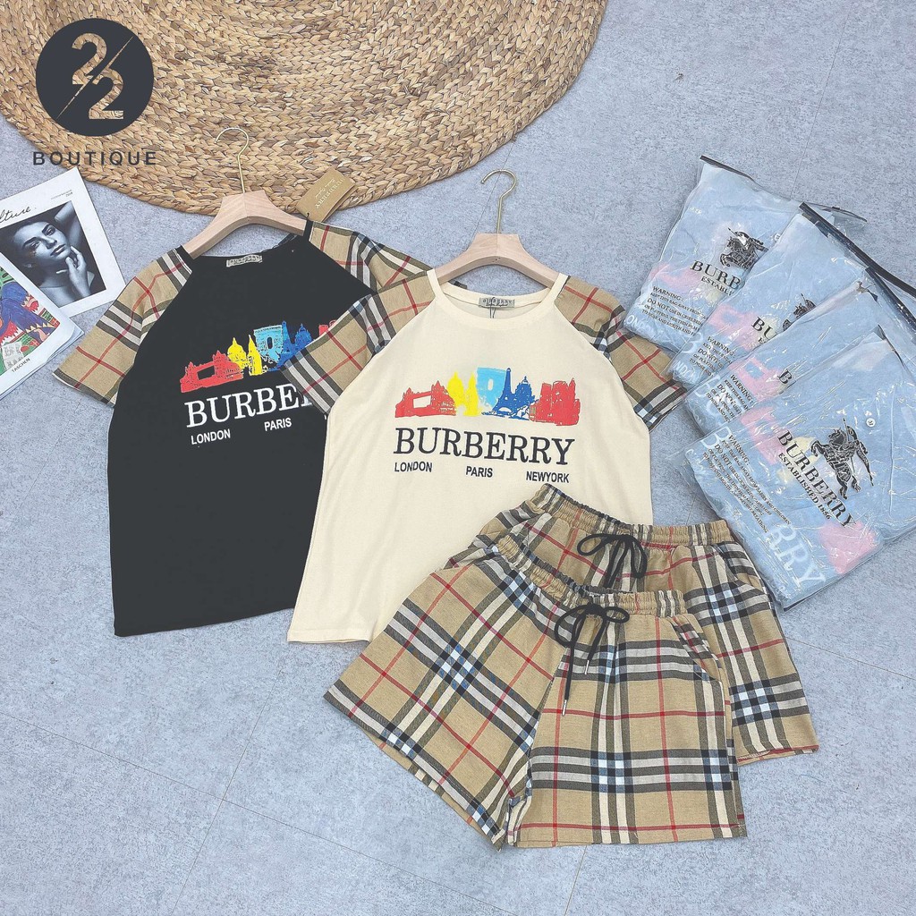 Bộ Áo Thun Cộc Tay Nữ Quần Đùi Chất Liệu Cotton Pha Thoáng Mát Thoải Mái Kẻ Burberry B7