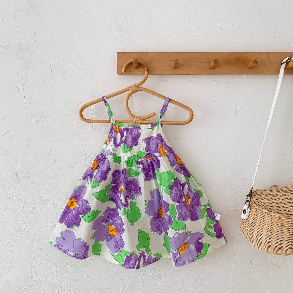 Đầm Hai Dây Mùa Hè Bằng Vải Cotton Nhẹ In Họa Tiết Hoa Màu Đỏ Và Tím Cho Bé Gái 3-8 Tuổi