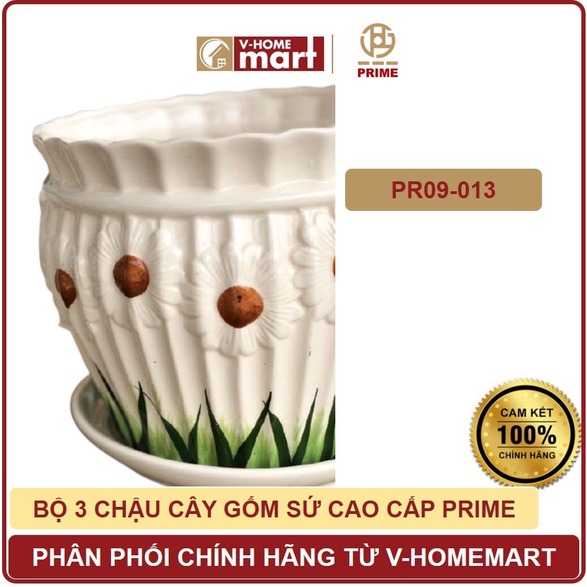 Bộ chậu hoa bằng sứ 3 món Prime mã PR09-013 gốm cao cấp, có hoa văn, phù hợp trồng các loại cây nhỏ - Phân phối SCG Home