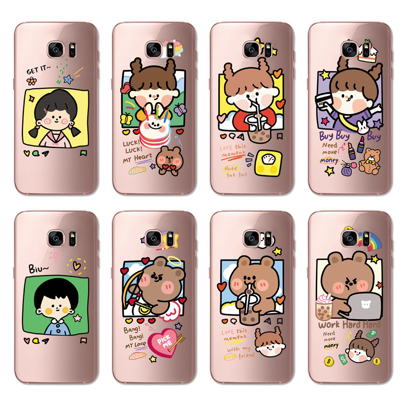 Samsung Galaxy S8 Plus / Note 4 5 3 2 N7100 N9000 INS Cute Cartoon Work hard Brown bear Clear Soft Silicone TPU Phone Casing Lovely label Graffiti Case Back Cover Couple