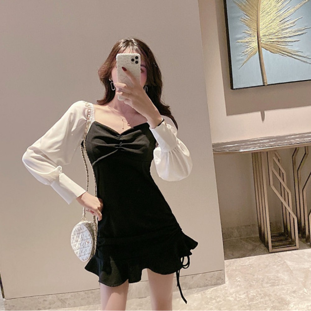 Váy nữ, đầm nữ dài tay cổ chữ V xòe đuôi cá dây rút xếp ly gợi cảm điệu đà phong cách Hàn Quốc ATILA.SHOP | BigBuy360 - bigbuy360.vn