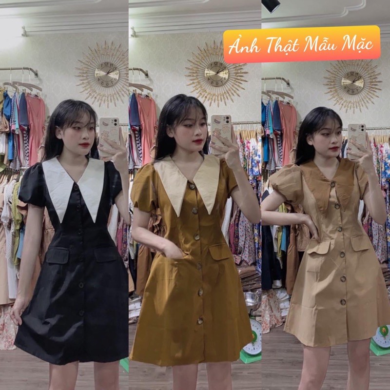 [Hàng Đẹp] Váy Thô Cổ Nhọn Tay Phồng 3 Màu Siêu Xinh Có Ảnh Thật Kèm Video