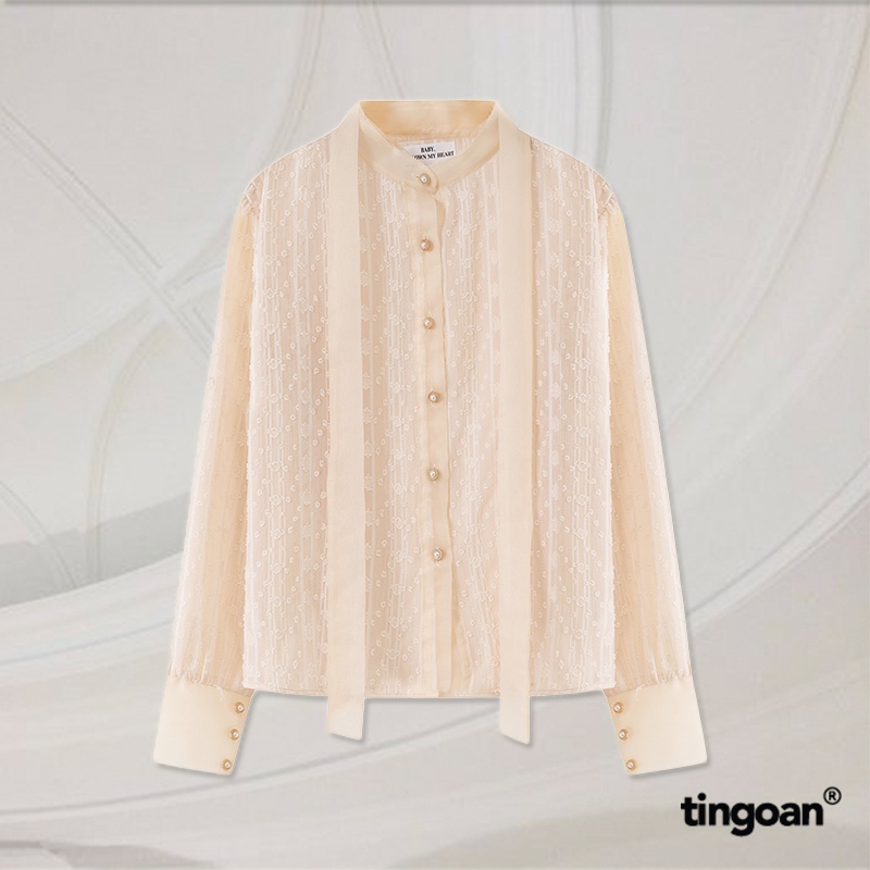 TINGOAN® - Áo somi xuyên thấu cổ đứng kèm dây phối bóng kính nude GLOSSIE BLOUSE/ND
