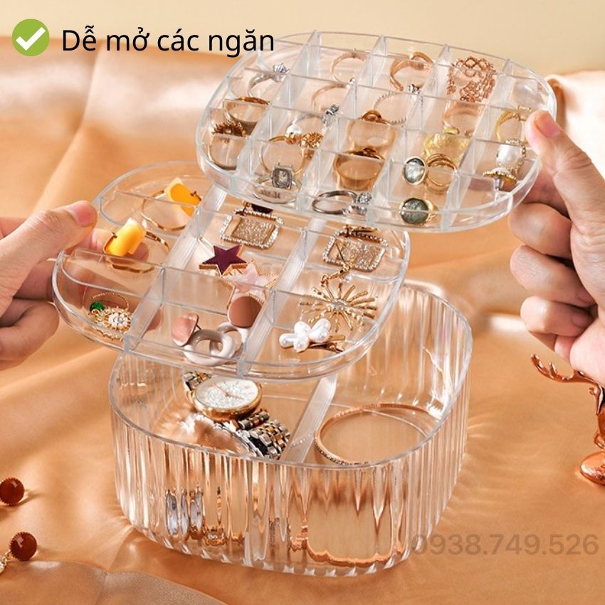 Hộp Đựng Trang Sức Trong Suốt, Nhiều Ngăn, 3 Tầng, Hộp Đựng Khuyên Tai,  Kt 15x15x7.5cm