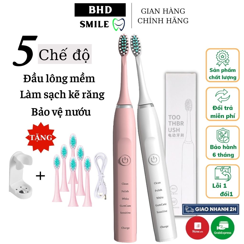 Bàn chải điện tự động BHDsmile đầu lông mềm, máy đánh răng thông minh làm sạch kẽ răng bảo vệ nướu 5 chế độ tùy chỉnh