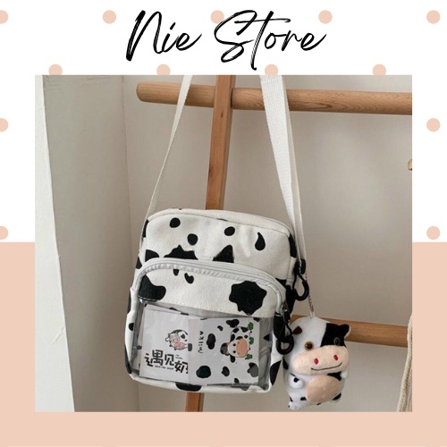 [Mã NIESTORE039 giảm 10K đơn 50K] Túi đeo chéo canvas in hình bò sữa phong cách Hàn Quốc ngăn phụ trong suốt siêu hot