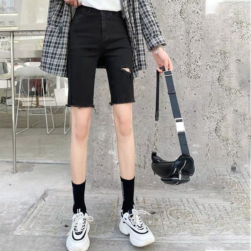 Brroa Quần Short Jean Rách Cạp Cao Ôm Dáng Viền Thô Rách Gối Cổ Điển Dài Đến Đầu Gối Cho Nữ Sh
