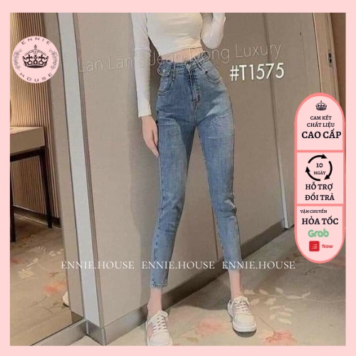 Quần Jeans Nữ Cạp Cao, Quần Bò Nữ Cạp Cao Chất Jean Bò Màu Xanh Ennie Có Ảnh Cận Chất CD081