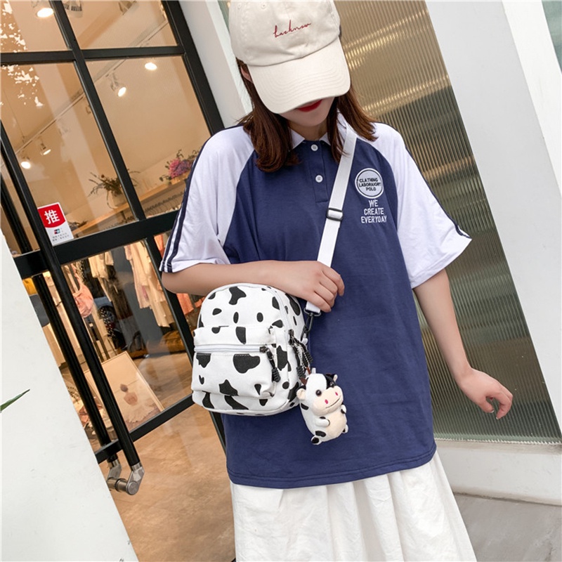 Balo vải canvas IELGY họa tiết da bò sữa dễ thương phong cách Harajuku Hàn Quốc cho nữ
