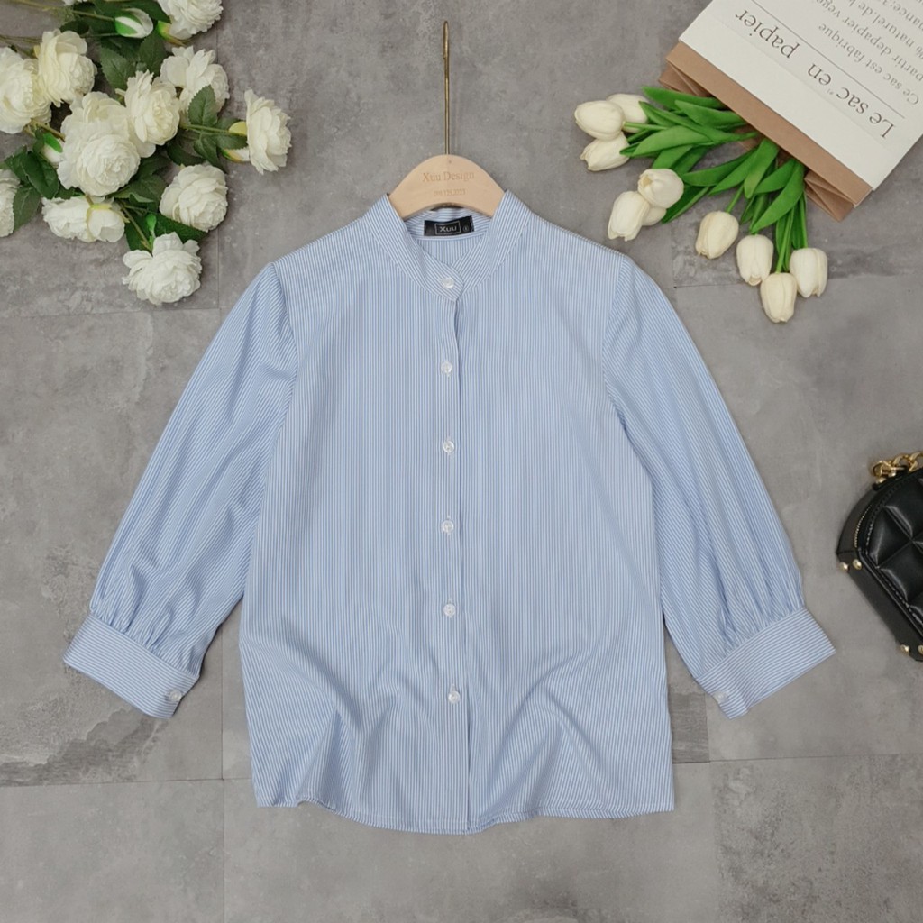 Áo Sơ Mi Nữ kẻ xanh cổ tàu Xuu Design áo sơ mi kiểu tay bồng chất liệu Kate cao cấp [ SMK11 kẻ xanh]