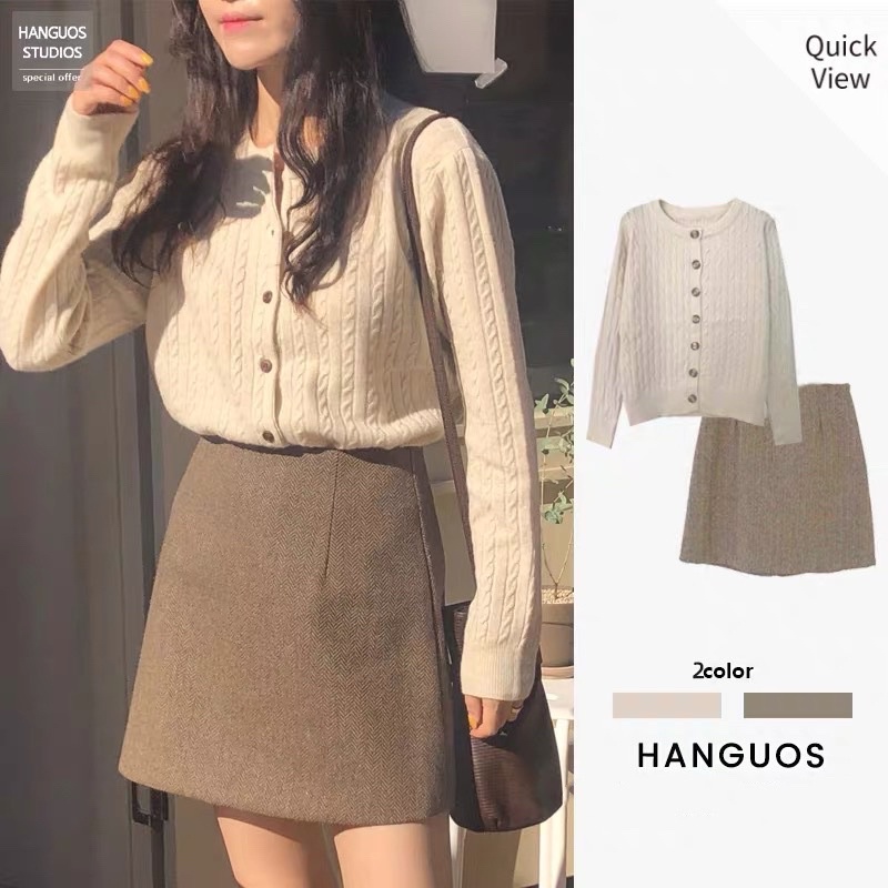 Set áo len + chân váy phong cách vintage HQ cho mùa thu đông