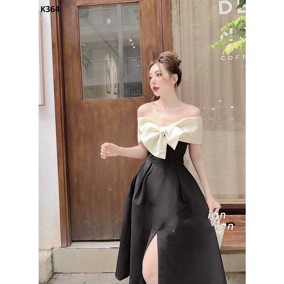 Đầm đi tiệc phối nơ to bản chất vải tapta dày dặn, đầm maxi trễ vai, đầm đi tiệc xẻ tà sang chảnh, váy xòe xẻ tà