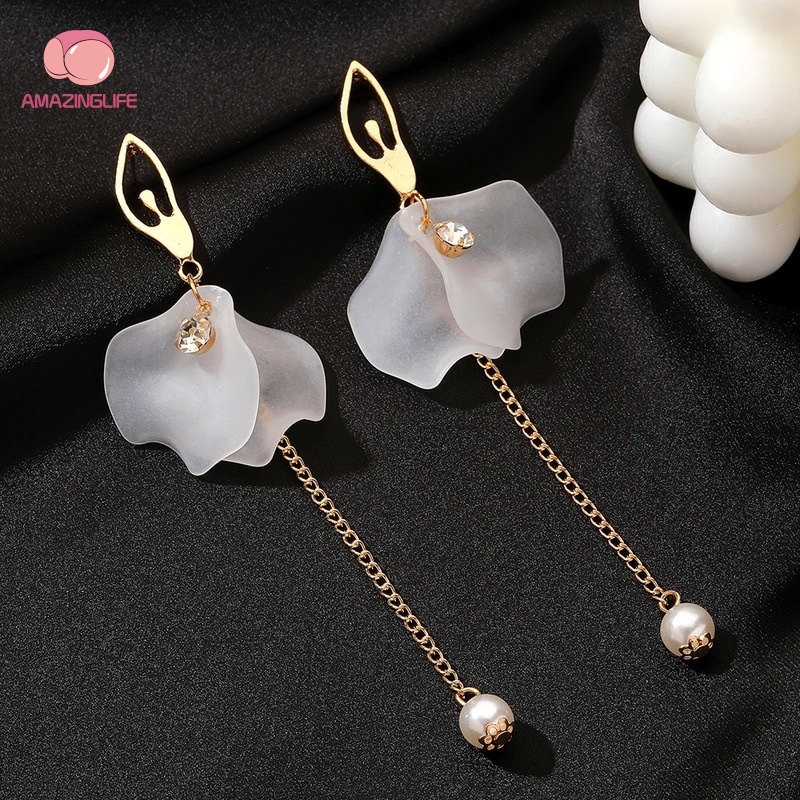 Bông Tai Mạ Bạc Dáng Dài Hình Cánh Hoa Đính Đá Zircon / Ngọc Trai Phong Cách Hàn Quốc Thời Trang Cho Nữ
