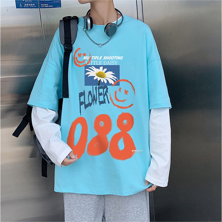 Cặp áo thun IFNICEFUTURE vải cotton dài tay dáng rộng cổ lớn in họa tiết phong cách Hồng Kông thời trang mới cho nam nữ